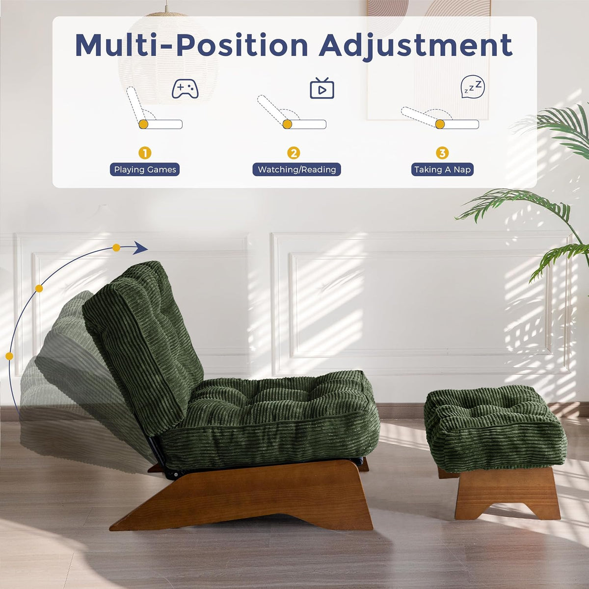 MAXYOYO Accent Chair with Ottoman, Lounge Chair with Adjustable Backrest | Tufted Living Room Chair Upholstered Lounge Chair with Footrest Set, Modern Chair for Reading Room, Green