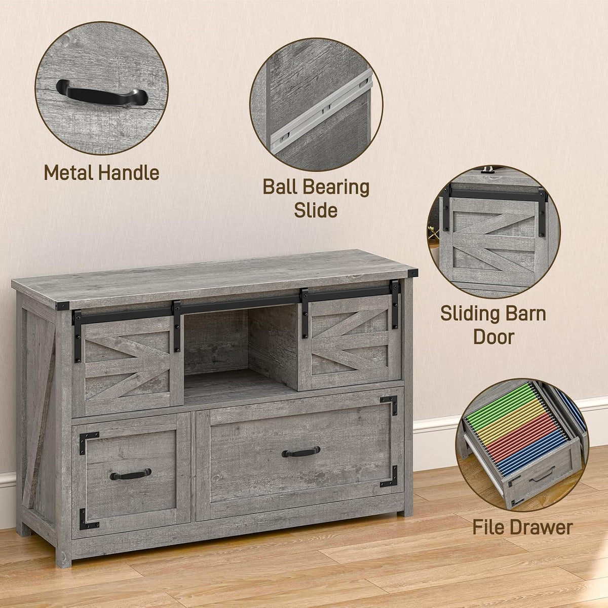 Halitaa Lateral File Cabinets 2 Drawer with Sliding Barn Doors, Grey | Farmhouse File Cabinet with 2 drawer for Home Office，Filing Organization Storage Cabinet for Hanging Files Letter/Legal/F4/A4