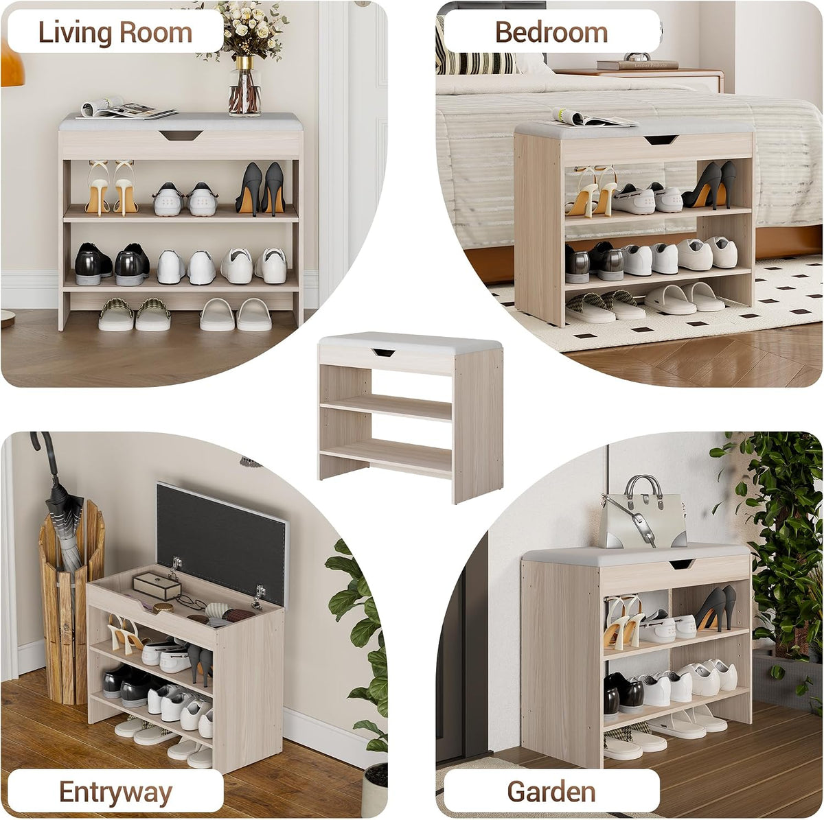 Shoe Bench with Cushion, 2 Tiers Shoe Bench with Flip-Top Storage, 23.6" Shoe Rack Organizer with Adjustable Shelves for Entryway, Hallway, Bedroom, Living Room (Natural Oak)
