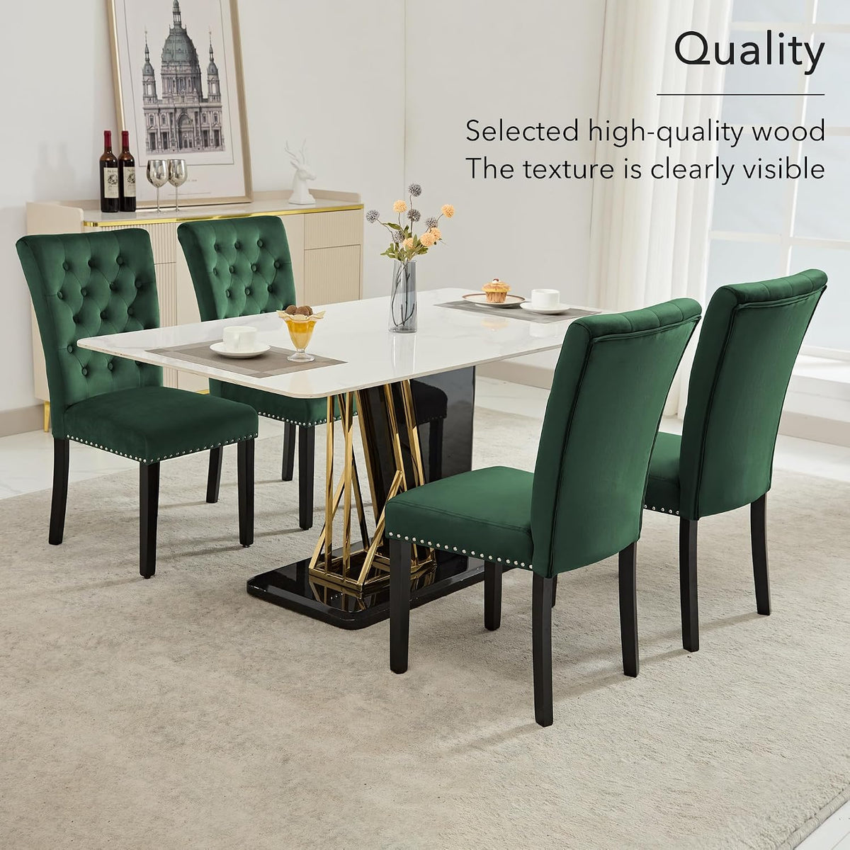 adochr Velvet Dining Chairs Set of 2, Parsons Kitchen Chair, Green | Wooden Legs & Nailed Trim, Upholstered Dining Room Chairs 350 LBS Capacity