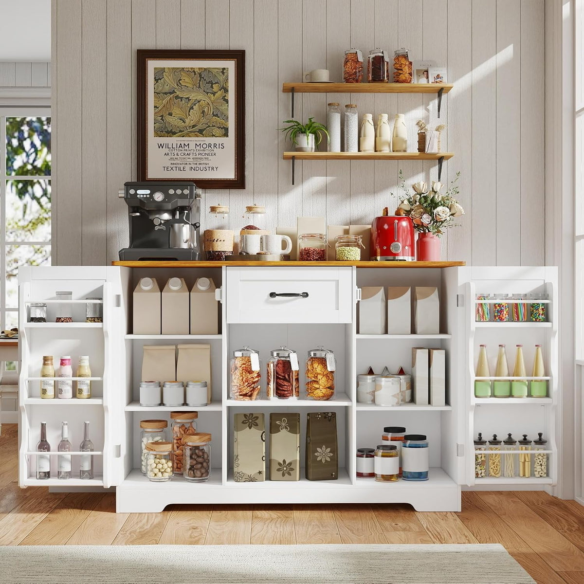 Gizoon 45" Kitchen Sideboard Buffet Cabinet with Storage Coffee Bar Cabinet with Drawer, Kitchen Pantry Storage with Door and Shelves for Bathroom and Living Room, White and Rustic