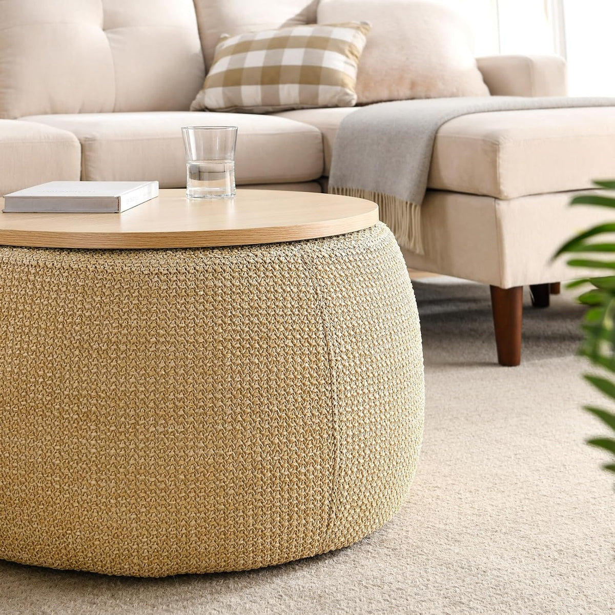 Round Storage Ottoman, 2 in 1 Function, Work as End Table and Ottoman, Natural (25.5"x25.5"x14.5")