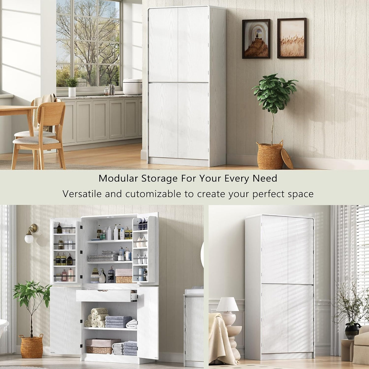 72'' Tall Mid-Century Kitchen Pantry with 3 Adjustable Shelves, Freestanding Storage Cabinet with 8 Door Shelves & 1 Hidden Drawer, Versatile Cupboard for Kitchen, Dining & Living Room,White