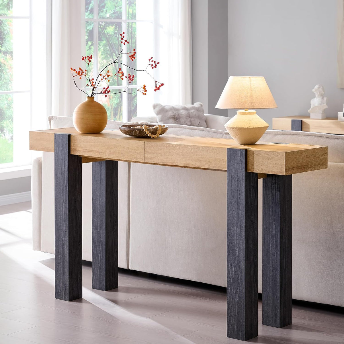 OKD Modern Farmhouse Entryway Table with 2 Drawers, 63" Wooden Console Table with Storage for Hallway, Behind Sofa, Living Room, Natural Oak with Dark Alder