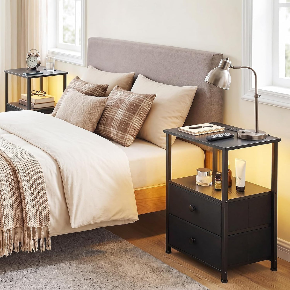 LOAKEKEL Nightstands Set of 2, LED Night Stand with Charging Station | Bedside Table with Type-C Outlets & 2 Fabric Drawers, End Tables with Storage Shelf for Bedroom, Small Spaces, Black