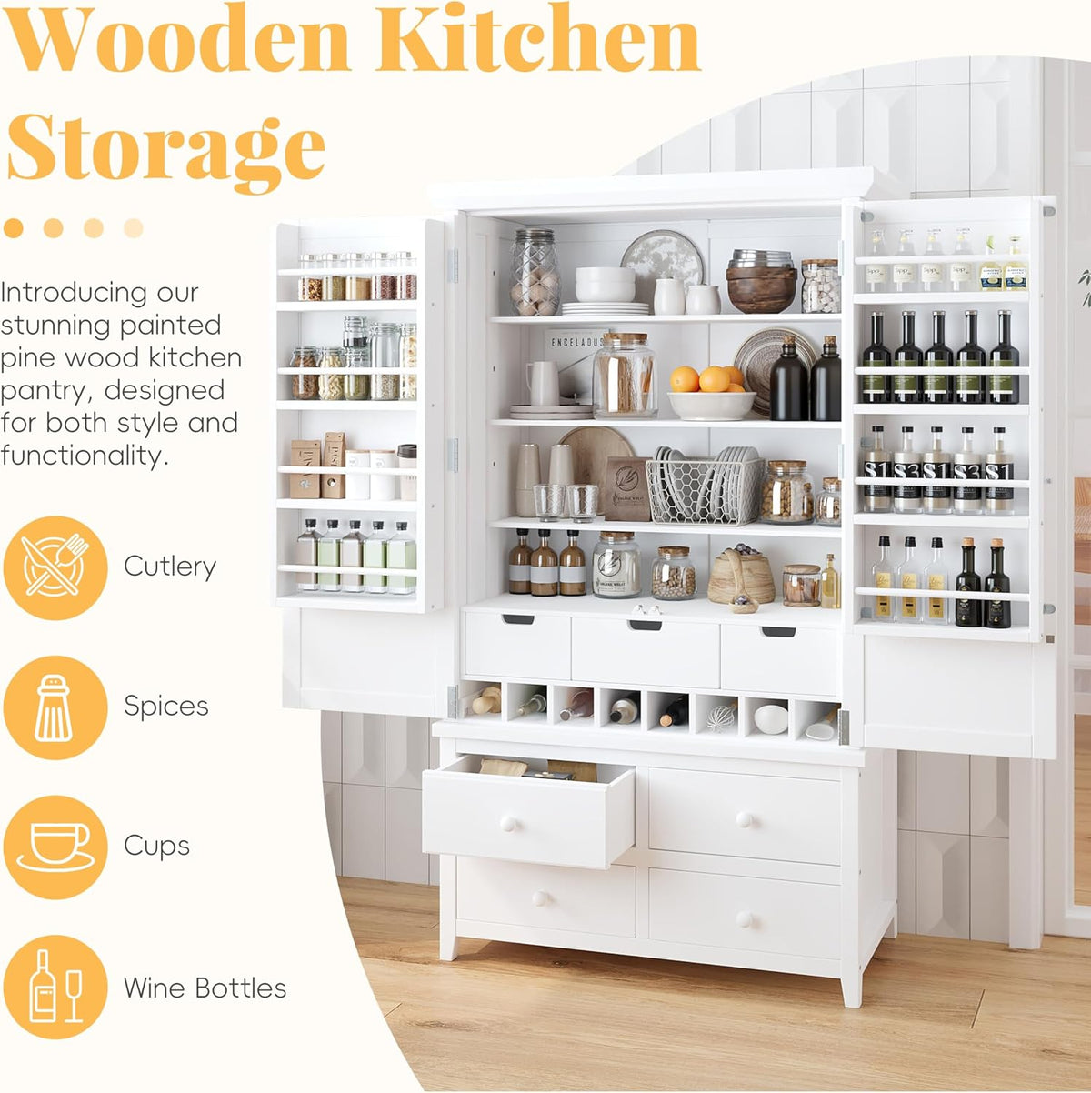 71.1" Tall Freestanding Kitchen Pantry Cabinet, Wooden Food Storage Cupboard with 7 Drawers, 8 Door Shelves, 3 Adjustable Shelves and 8 Wine Racks, Multi-Use Storage Cabinet,White