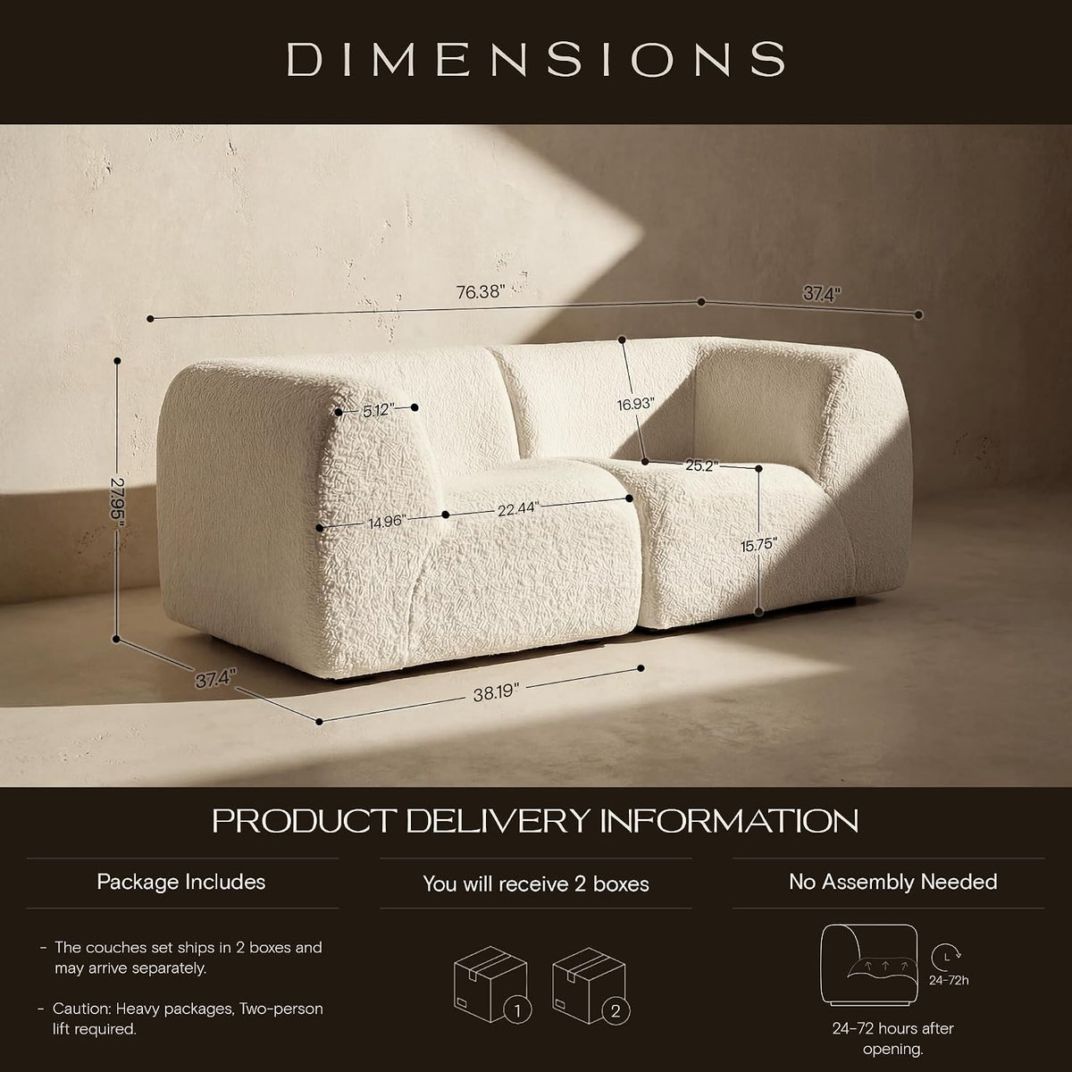 76" Loveseat Modular Sofa with High-Density Foam, 2-Piece Curved Sectional Couches, Sherpa Deep Seat Couch with Armrest, Cloud Soft Lounge Modern Sofas for Living Room – No Assembly, White