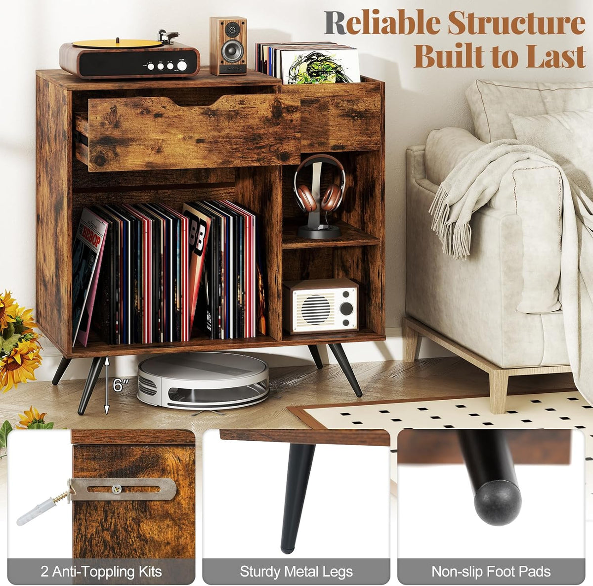 Giantex Large Record Player Stand with Charging Station, Mid Century Turntable Stand Holds Up to 300 Albums, Record Player Table w/Drawer & Display Shelf, Vinyl Record Storage for Living Room, Brown