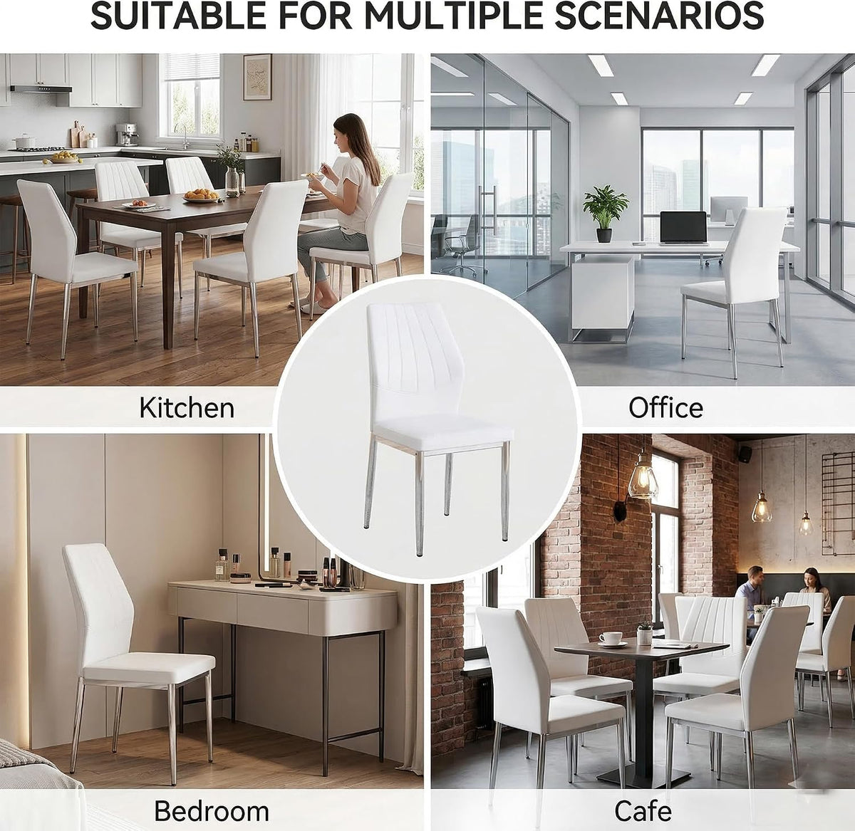White Dining Chairs Set of 6, Modern PU Leather Kitchen Chairs with Soft Cushion and Silver Chrome Metal Legs, Waterproof and Easy to Clean, Armless Dining Chairs for Dining Room,Kitchen