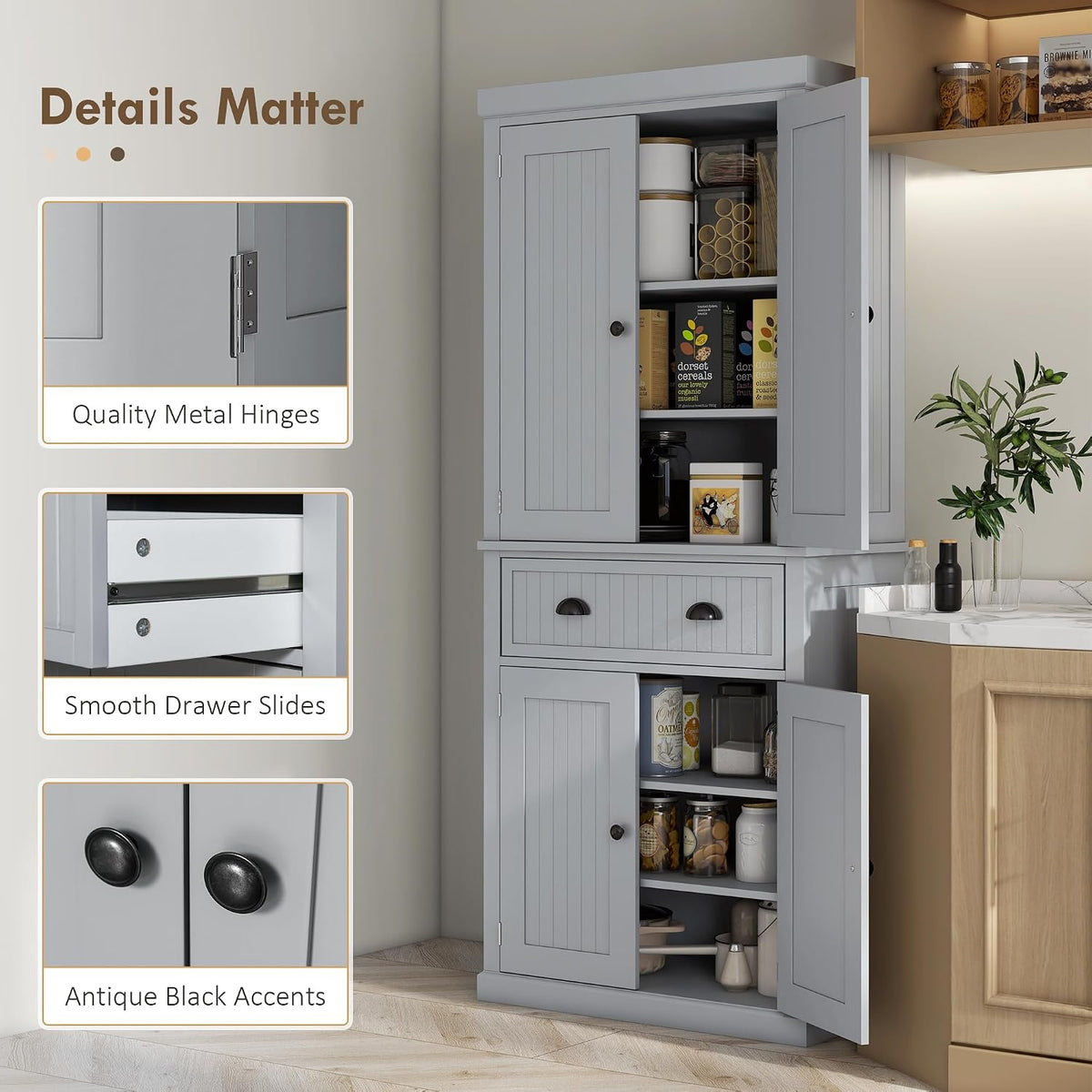 HOMCOM 72" Kitchen Pantry Cabinet Freestanding Tall Storage Cabinet Gray | Traditional Kitchen Pantry, 4 Doors, Drawer, 3 Adjustable Shelves, for Dining Room
