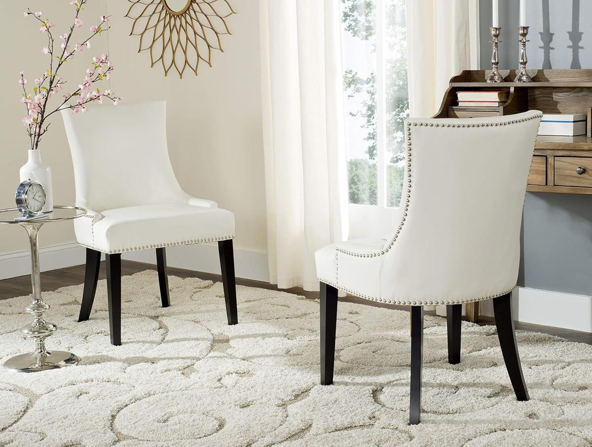 SAFAVIEH Home Collection - Lester White Faux Leather Dining Chair, Nailhead Trim, Modern Transitional Accent Seating (MCR4709N)