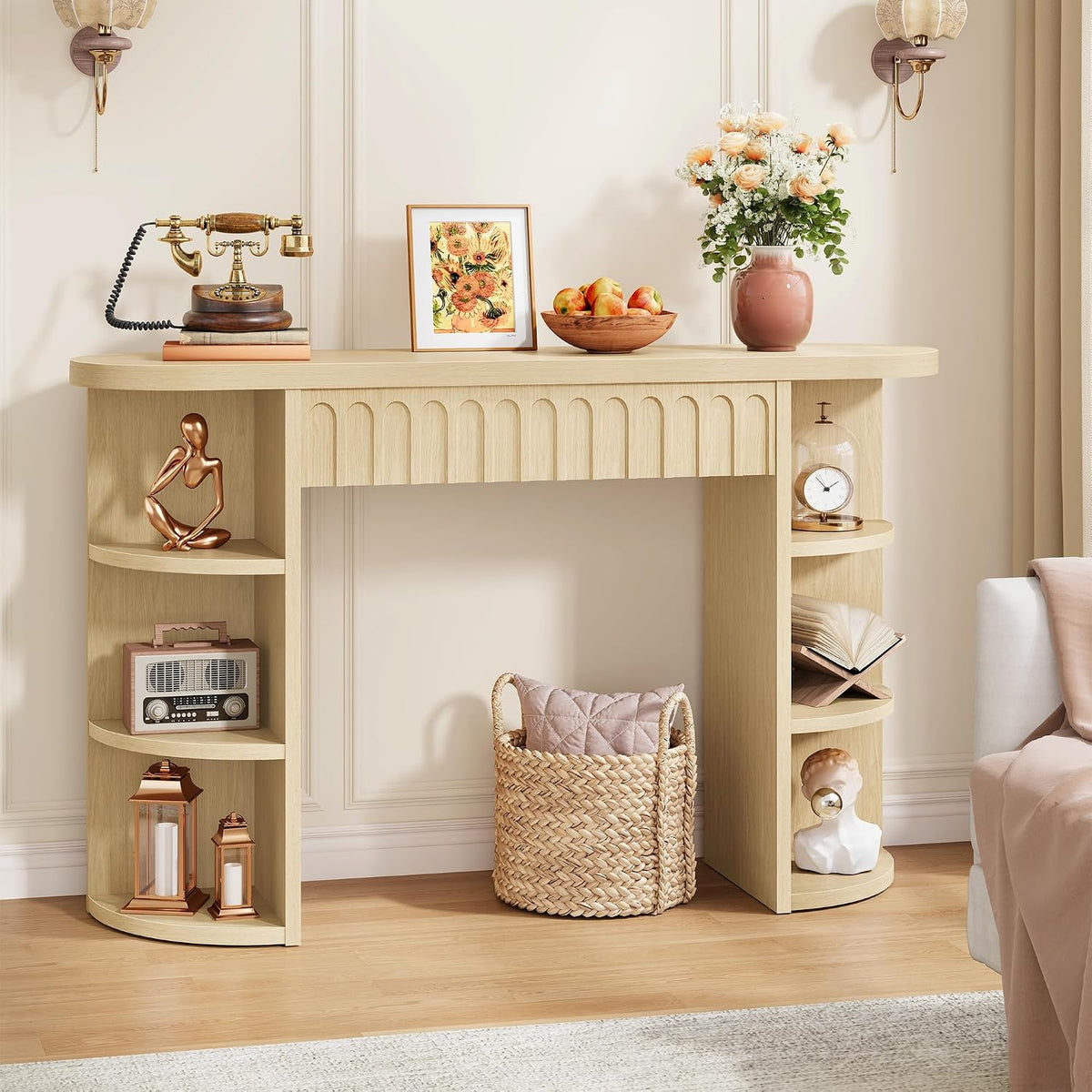 Hoctieon Fluted Console Table with Storage, Entryway Table with Side Storage Shelves, Narrow Sofa Tables Behind Couch, Hallway Tables for Living Room, Entrance, Foyer, Oak