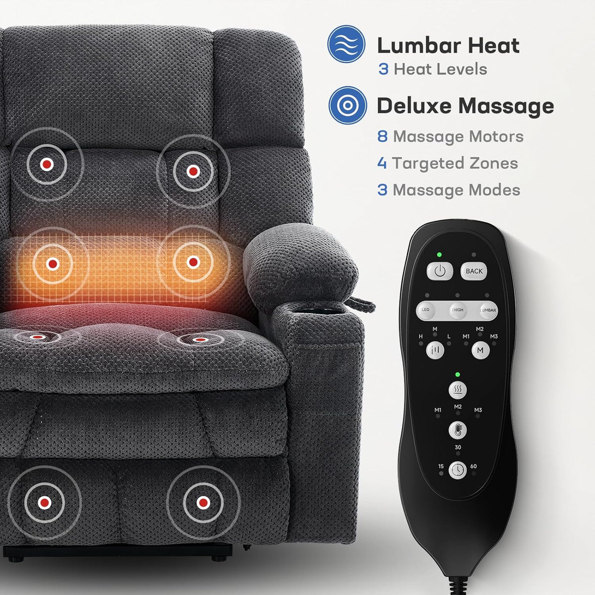 Tami Tami Dual Motor Power Lift Chair Recliner for Elderly with Massage and Heat, Infinite Position Electric Lift Recliner with Adjustable Headrest, USB (T6015 - Plush Fabric, Dark Gray, Medium)