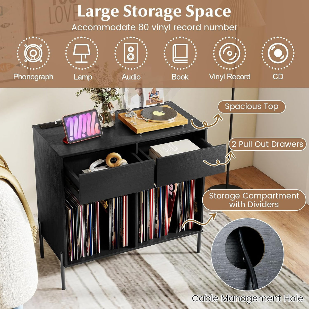 LOKO Large Record Player Stand with Charging Station, Vinyl Record Holder with Storage Compartments & 2 Drawers, Turntable Display Stand with Metal Legs for Living Room, Bedroom, Office (Black)