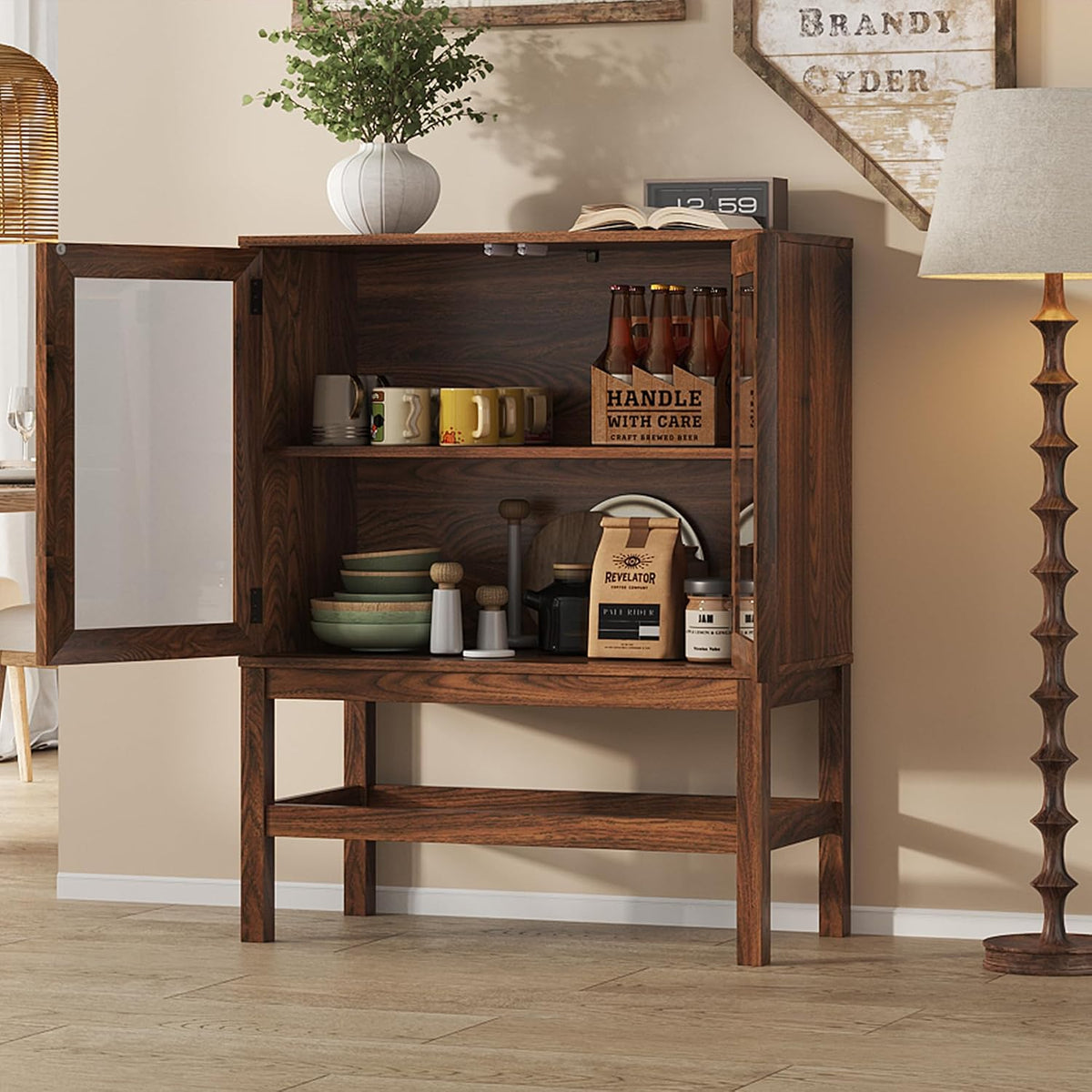 Sideboard Buffet Cabinet with Storage, Small Kitchen Coffee Wine Bar Cabinet with Glass Press-to-Open Doors, Wood Mid Century Modern Side Board Table for Dining Room, Living Room, Walnut