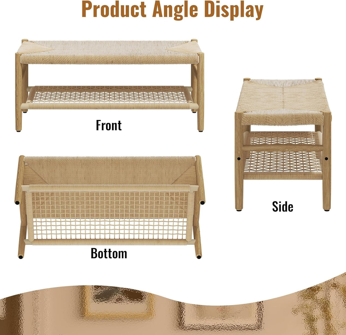 Recaceik Indoor Entryway Bench with Paper Cord Ottoman & Grid Storage Rack, Mid-Century Long Bench with Rubber Wood Legs, French Vanity End Bed Bench for Bedroom Living Room Channel