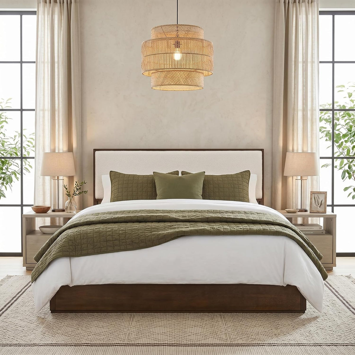Merax Walnut Queen Size Platform Bed Frame, Modern Minimalist Wood Bed Frame with Plush Boucle Upholstered Headboard, Low Profile Modern Bed, Wood Slat Support, No Box Spring Needed