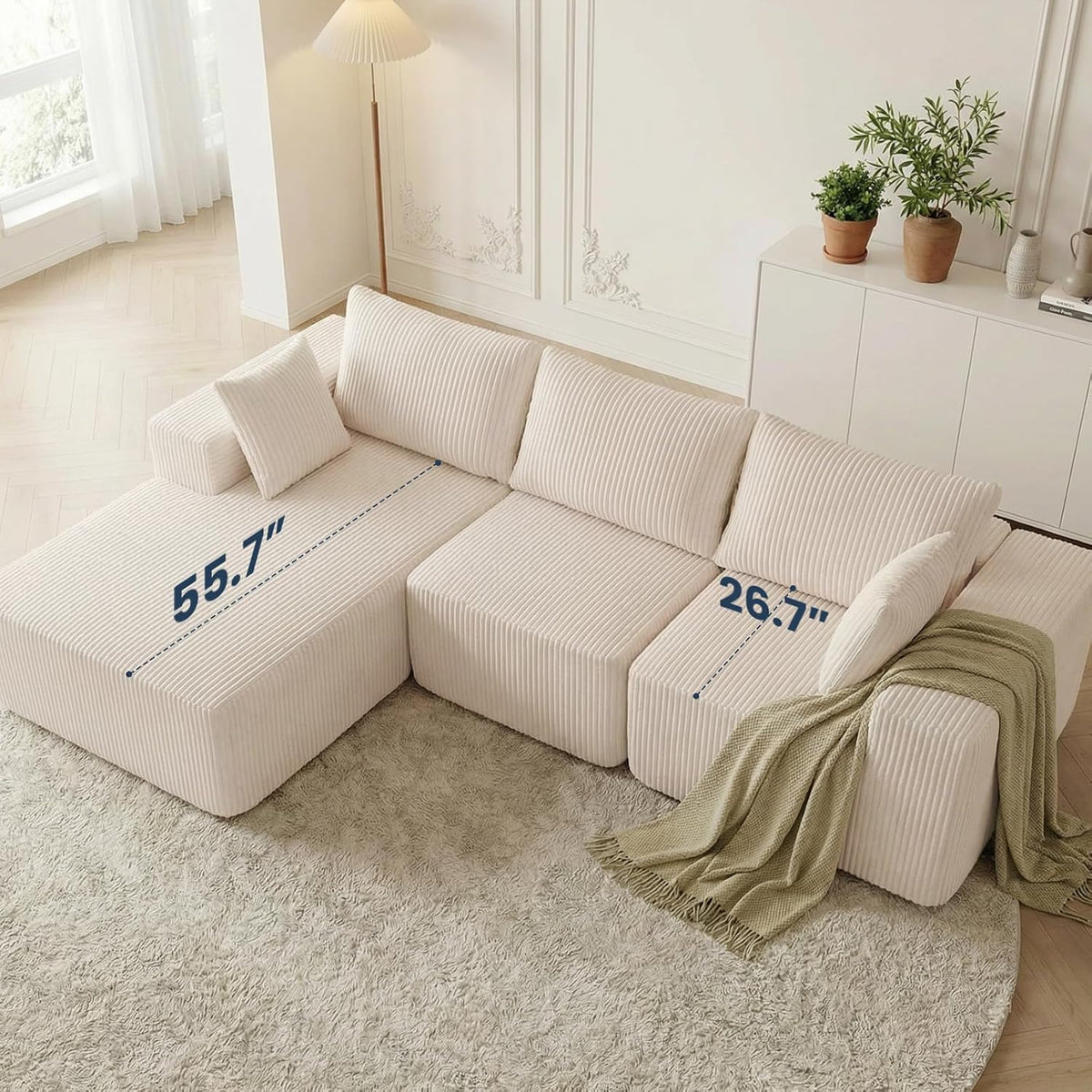 DUMOS 105" L-Shaped Sectional Couch, Left Facing Chaise | Upholstered Corduroy Sofa with 55.7'' Deep Seat for Living Room, Small Apartment, No Assembly in a Box, Beige
