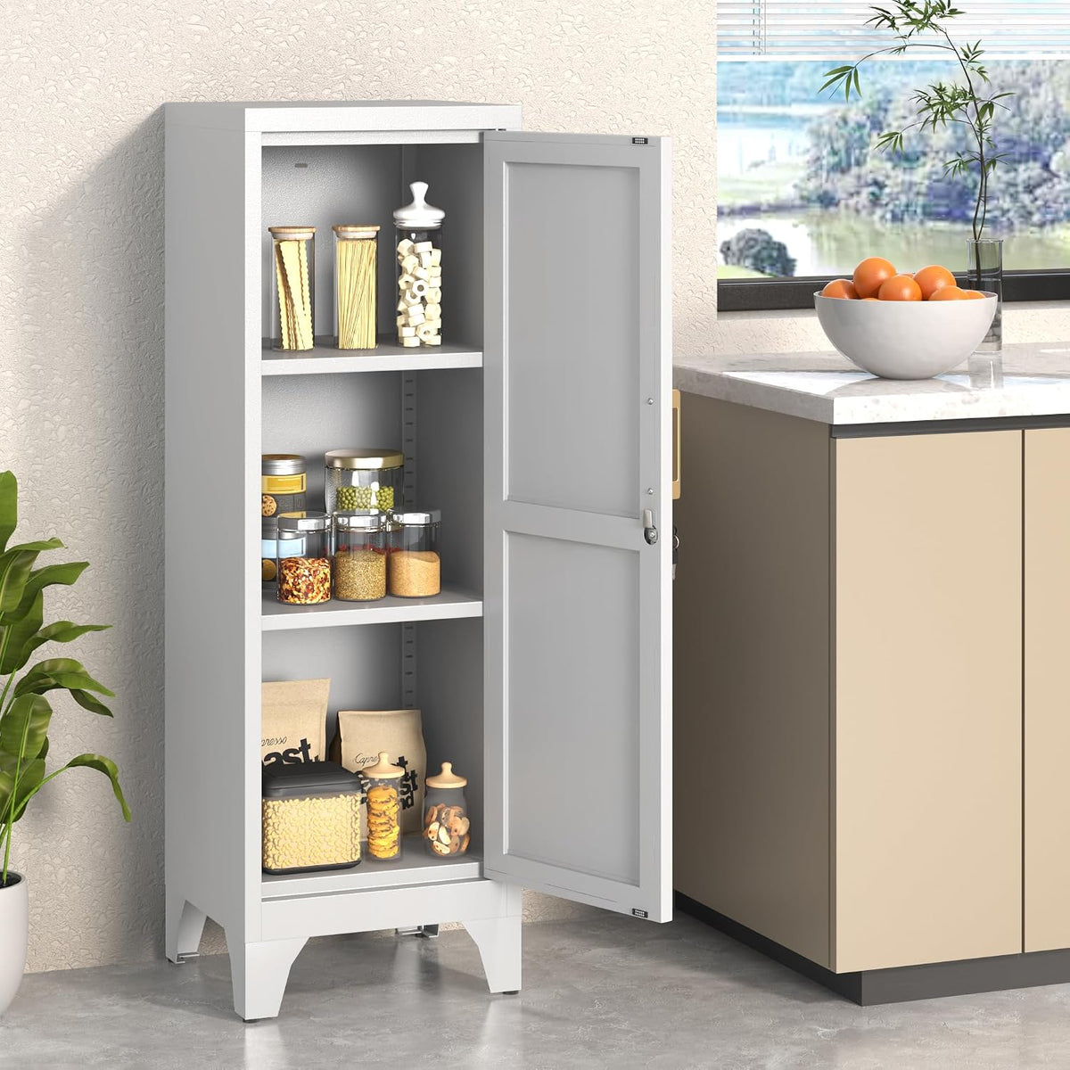 Coolsun 46" H Metal Pantry Cabinet, Metal Storage Locker with Door and 2 Adjustable Shelves, Food Pantry Cabinet for Living Room, Dining Room, Home Office