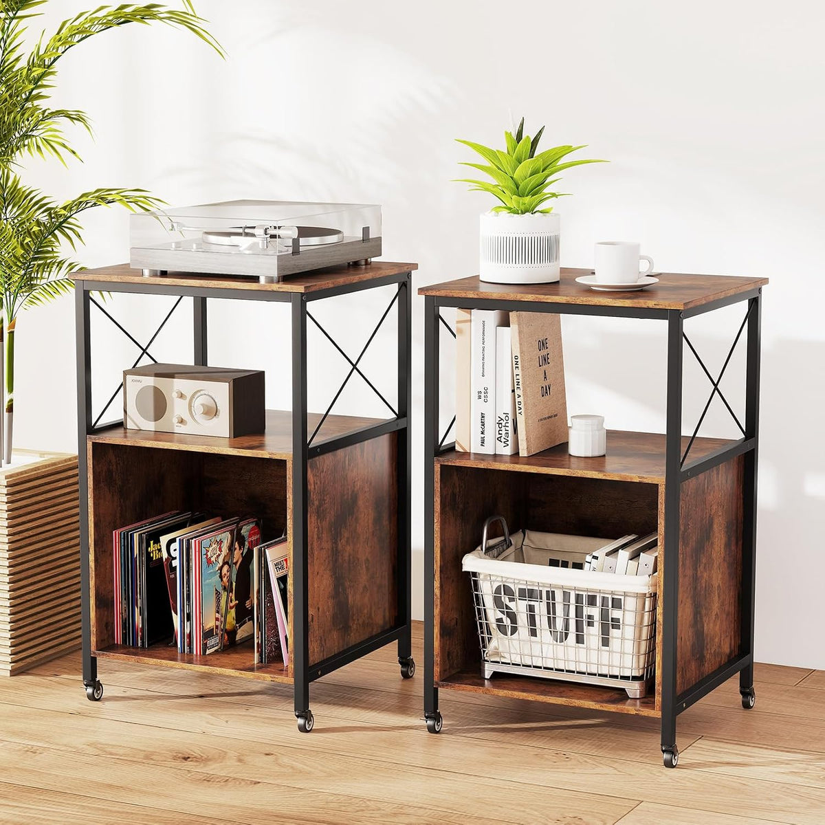 LOKO 3-Tier Rolling Record Player Stand, Mobile Turntable Stand with Power Outlet, Open Shelf & Dividers, Metal Frame, Industrial Vinyl Record Storage Table on Wheels for Living Room, Bedroom