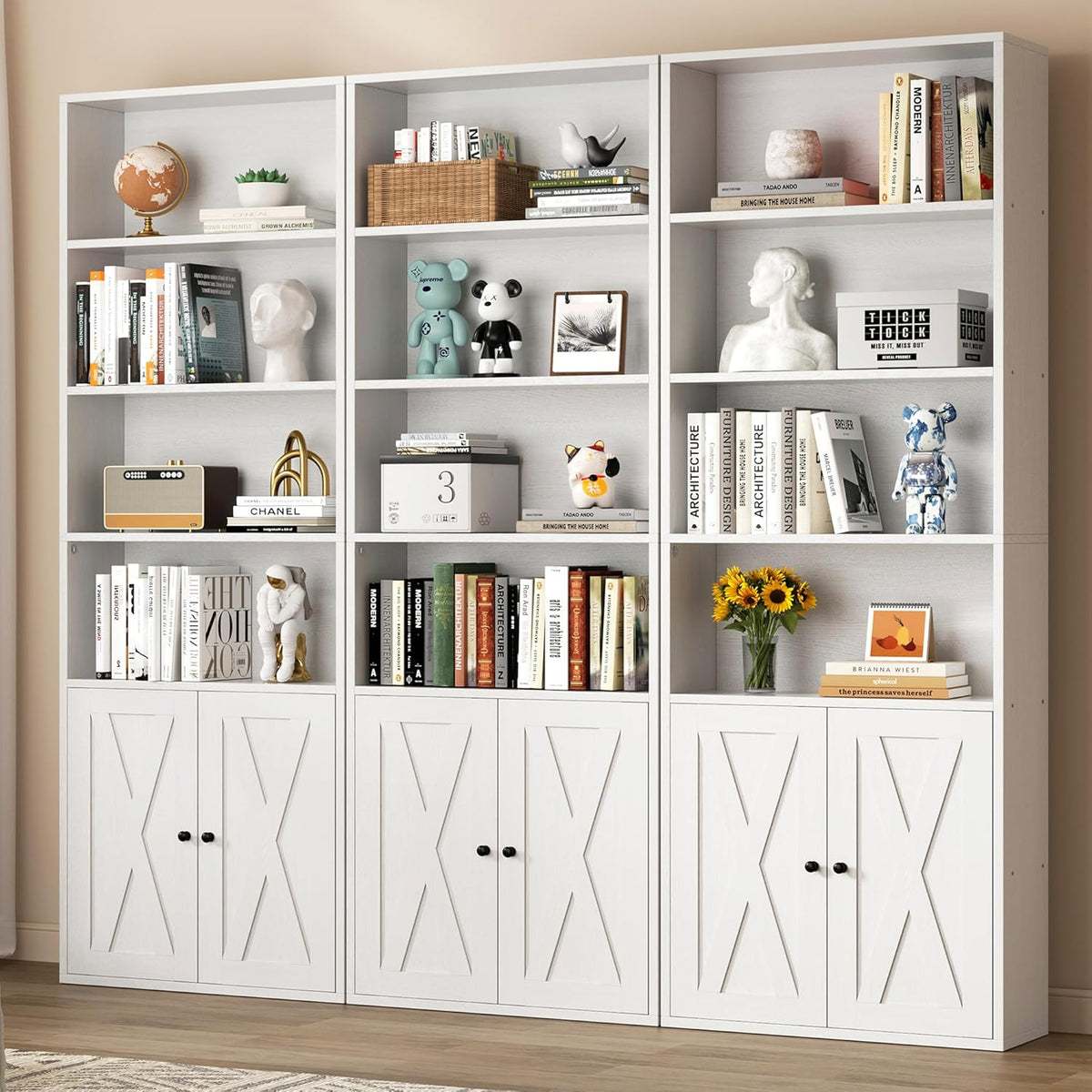 Shintenchi Bookshelf, Industrial Bookshelves and Bookcases with Doors Floor Standing 6 Shelf Display Storage Shelves 70.6 inches Tall Bookcase for Home Office, Living Room (White)