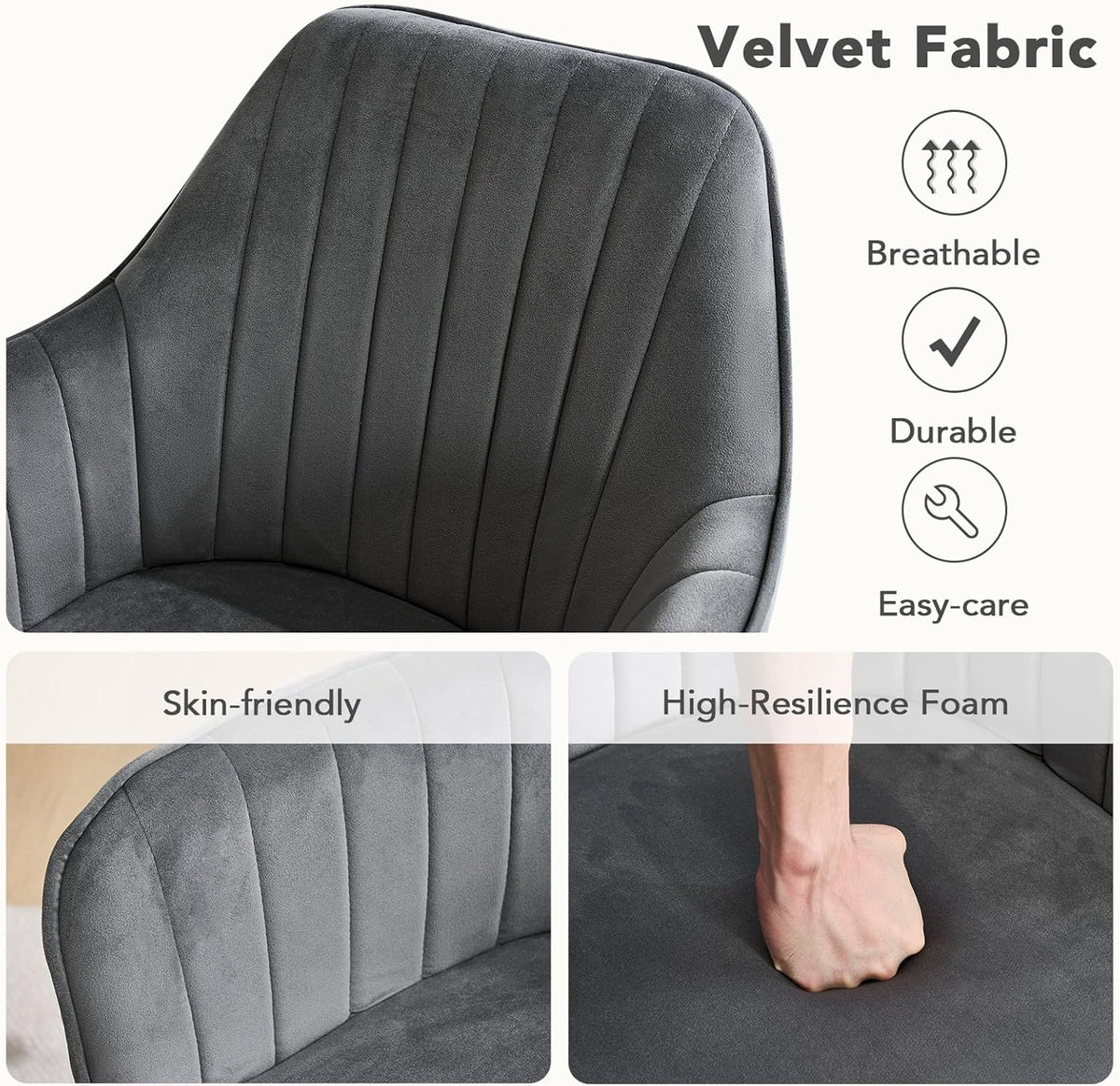 Furniliving 360° Swivel Dining Chairs Set of 2, Mid Century Modern Upholstered with Mental Frame Legs, Dining Chairs with Arms & Thickened Cushions for Kitchen, Living Room, Velvet, DrakGrey