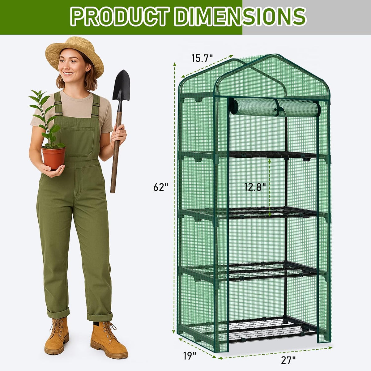 Outvita Mini Greenhouse, Small PE Plant Green House with 4 Tiers Rack, Shelf Clips, Roll-up Zipper Door, Gardening Supplies for Indoor Outdoor Seedling Frost Protection , 27"x19.6"x63" Green