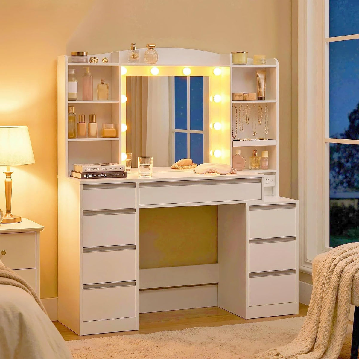 HEXCELEN 47" Vanity Desk with LED Lights, 8 Drawers, 20" Mirror, 2AC+2USB Charging, FSC Wood White Makeup Vanity