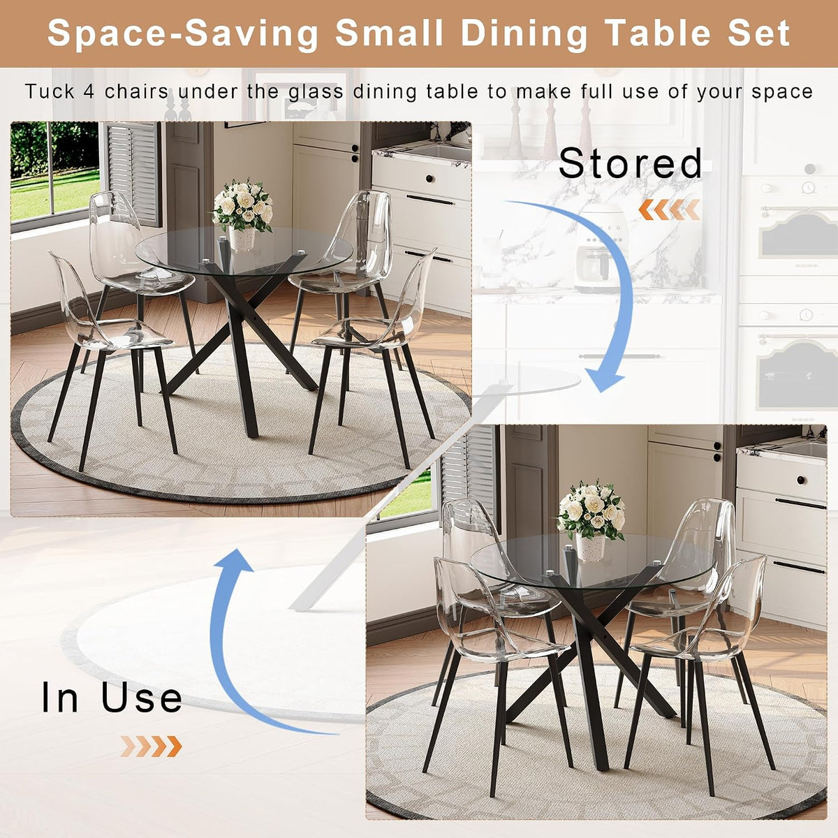 Round Dining Table Set for 4, 39" Glass Dining Table Set with Black Adjustable X-Shaped Metal Leg&4 Clear Acrylic Chairs with Chrome Legs, Small Space-Saving Table Set Ideal for Kitchen, Dining Room