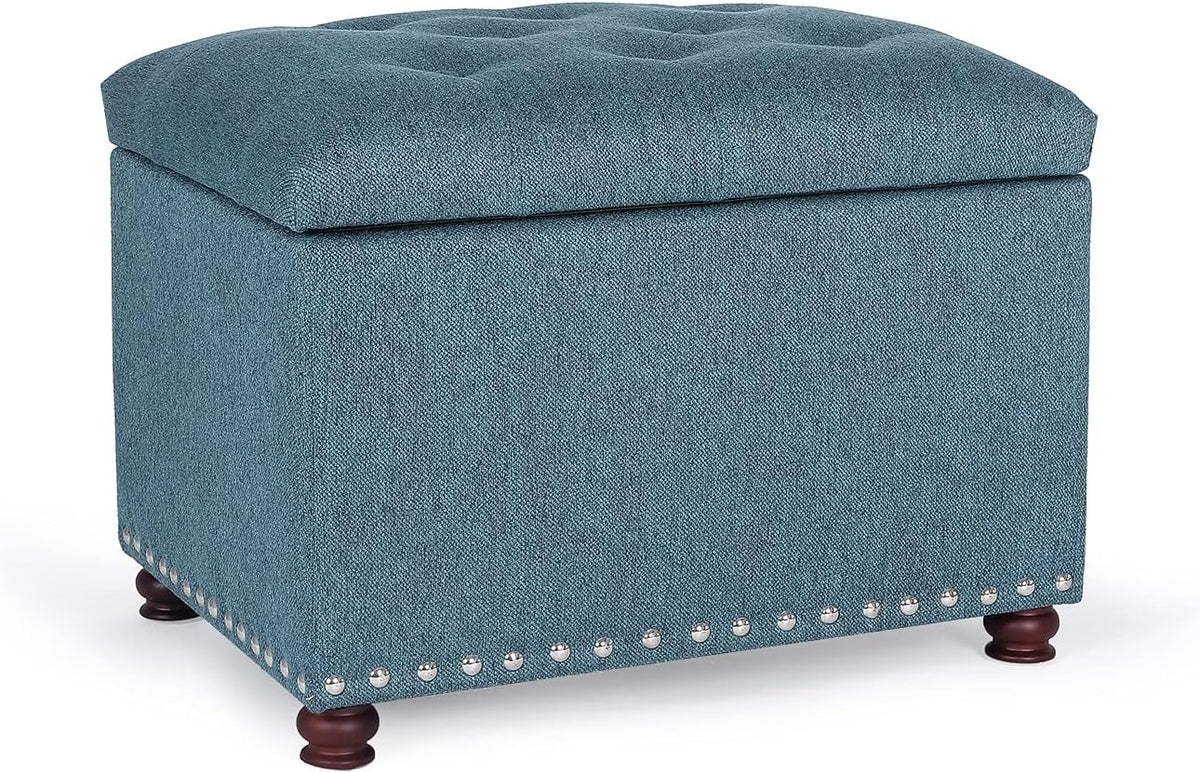 24’’ Rectangular Upholstered Storage Ottoman for Living Room | Fabric Foot Stool with Nail-head Trim- Chests and Organizers , Load Up to 350 lb, Lake Blue