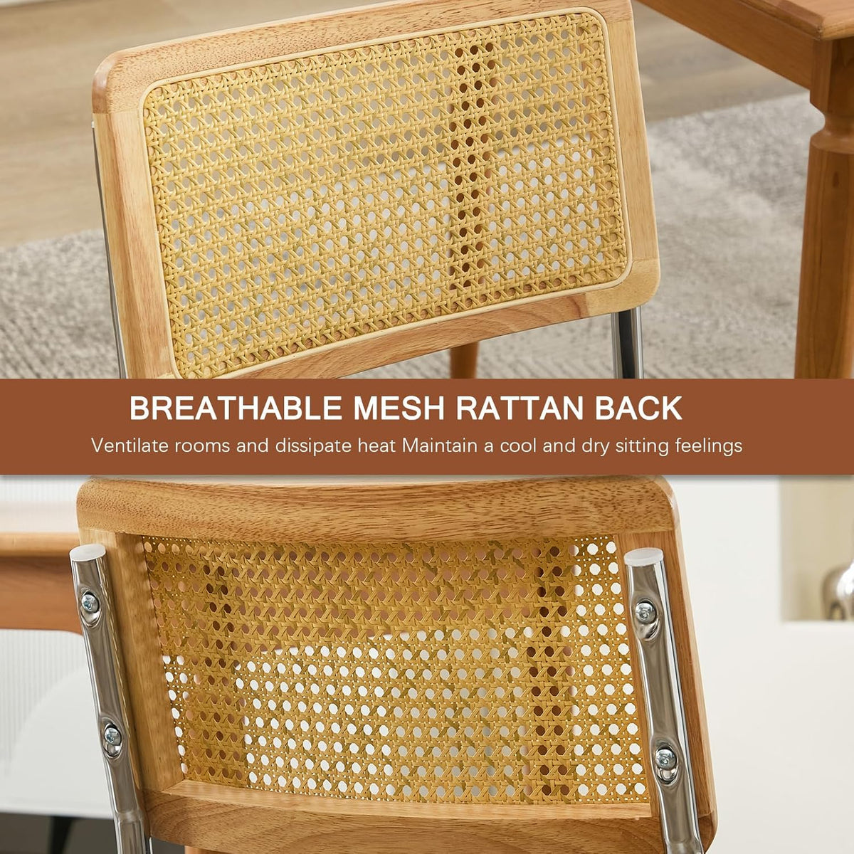 Rattan Back Linen Dining Chair Set of 4 Modern Stainless Chrome Base Armless Upholstered Side Chair for Dining Room, Kitchen Island,Black