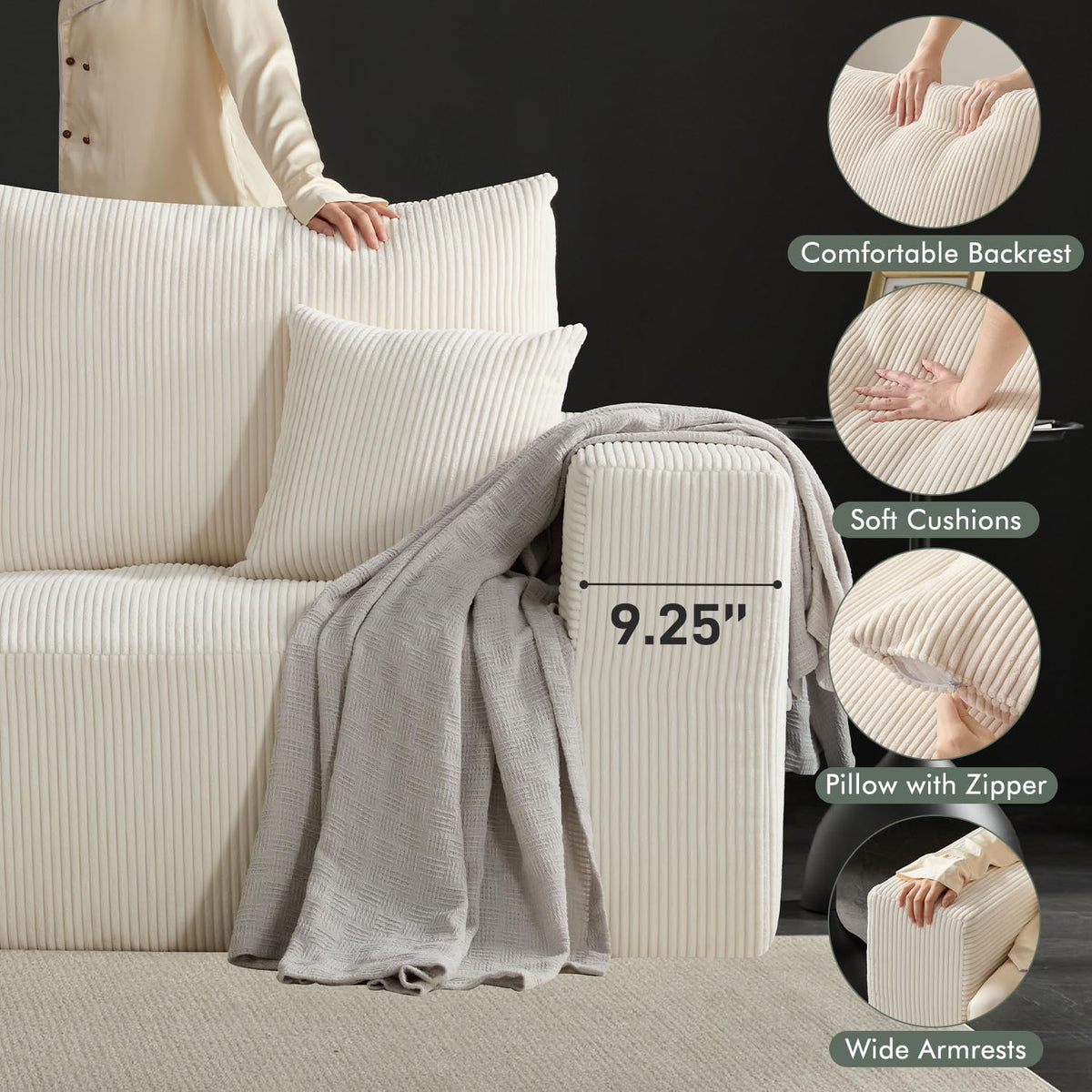 Gericco 113" Modular Sectional Couch, Cloud Sofa with Deep Seats, Upholstered Corduroy U-Shaped Sleeper Sofa with Chaise, 3-Seater Couches for Living Room, No Assembly Required, Beige