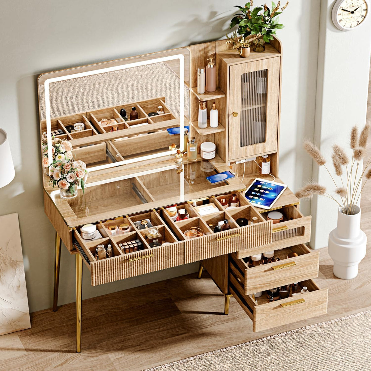 Arulvmrn Vanity Desk with 29.53" HD Lighted Mirror, 47.24" Big Modern Vanity Desk with Mirror and Lights, Makeup Vanity with 5 Drawers and Storage Shelves and Charging Station, Oak