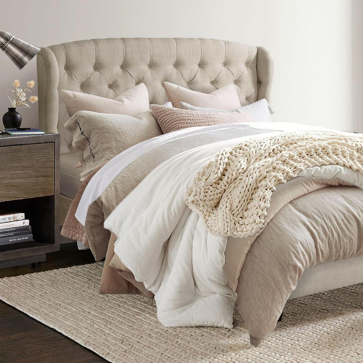 Rosevera Josie Wingback Bed/Tufted Headboard Adjustable Height Bed Frame/Fabric Upholstered Bed Frame/Wood Slat Support/Easy Assembly,Queen,Textile Beige