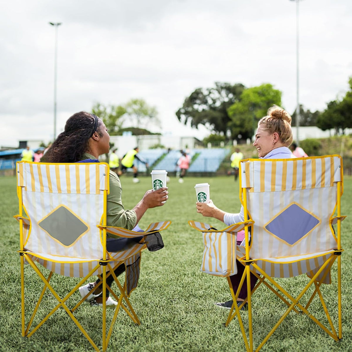 Nazhura 2 Pack Outdoor Camping Chairs Folding/Foldable/Portable with Cooler Pouch, Mesh Backrest and Cup Holder Pocket(Yellow, Metal, 2 Pack)