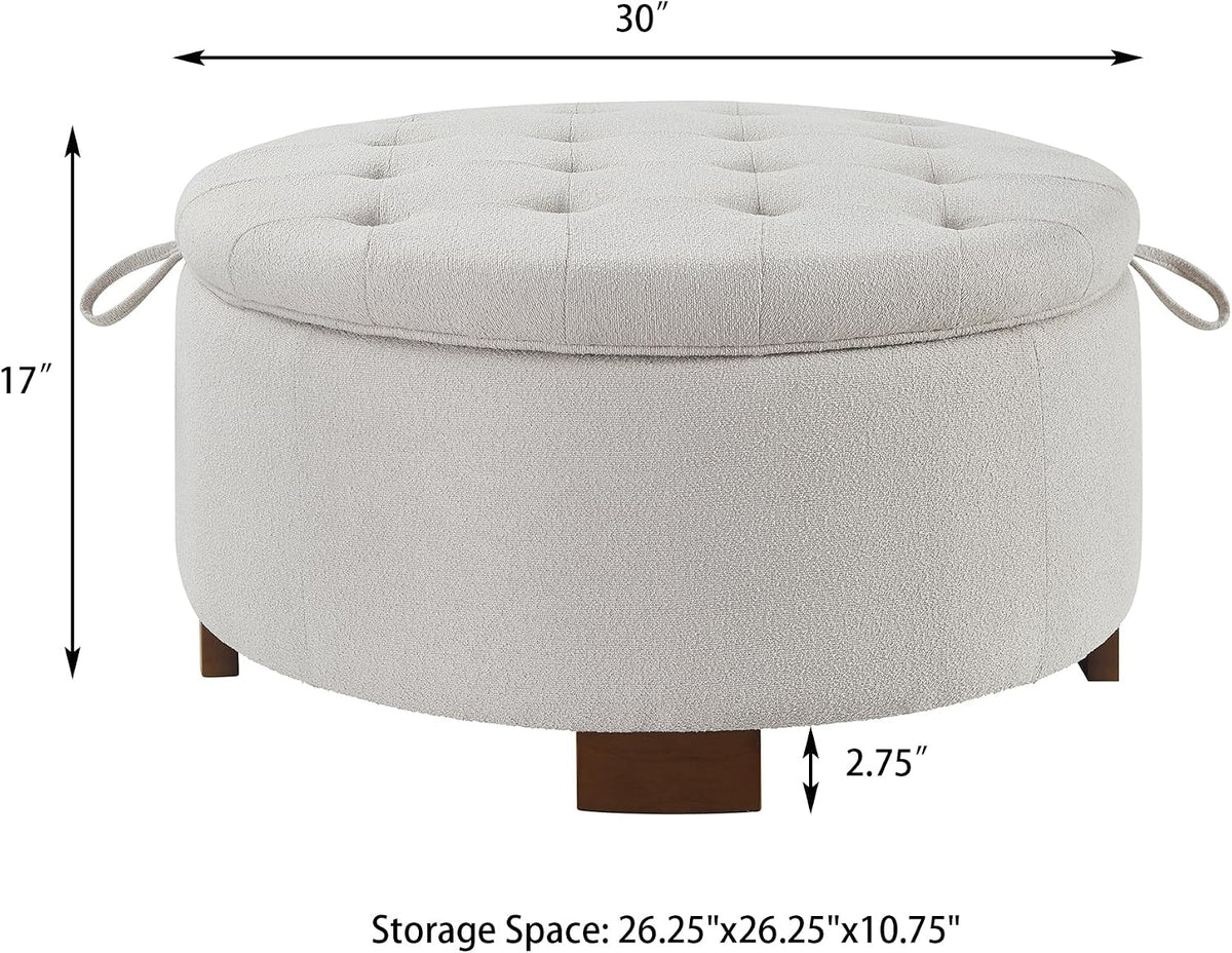 30'' Round Ottoman with Storage, Oversized Ottoman Coffee Table with Reversible Lid and Wooden Legs, Boucle Upholstered Tufted Footstool, Dual-Purpose Seat & Table for Living Room Bedroom, Beige