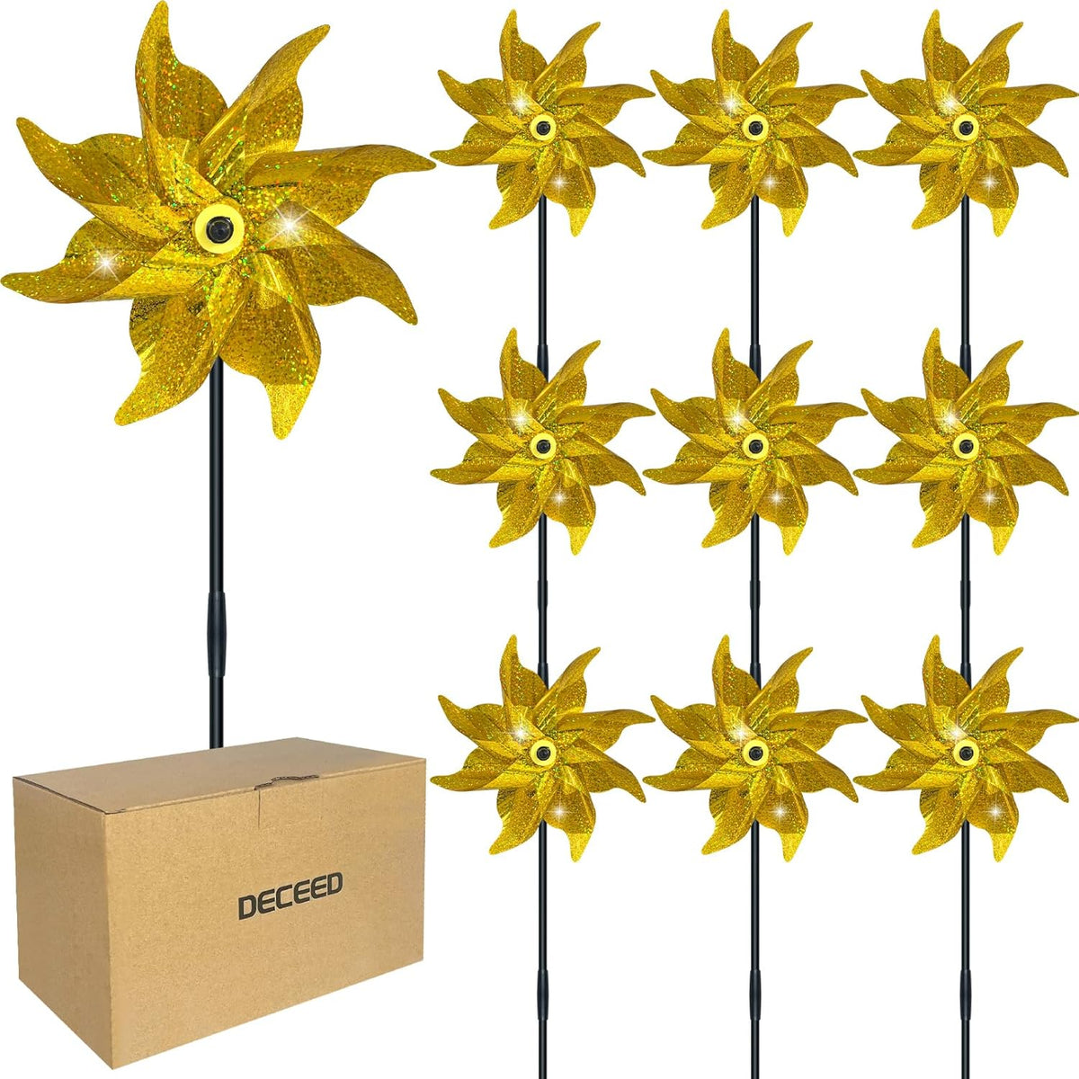 10 PCS Reflective Pinwheels for Yard and Garden Bird Devices Pre-Installed Sparkly Wind Spinner Deterrent to Scare Birds Away from Yard Patio Farm (Yellow)
