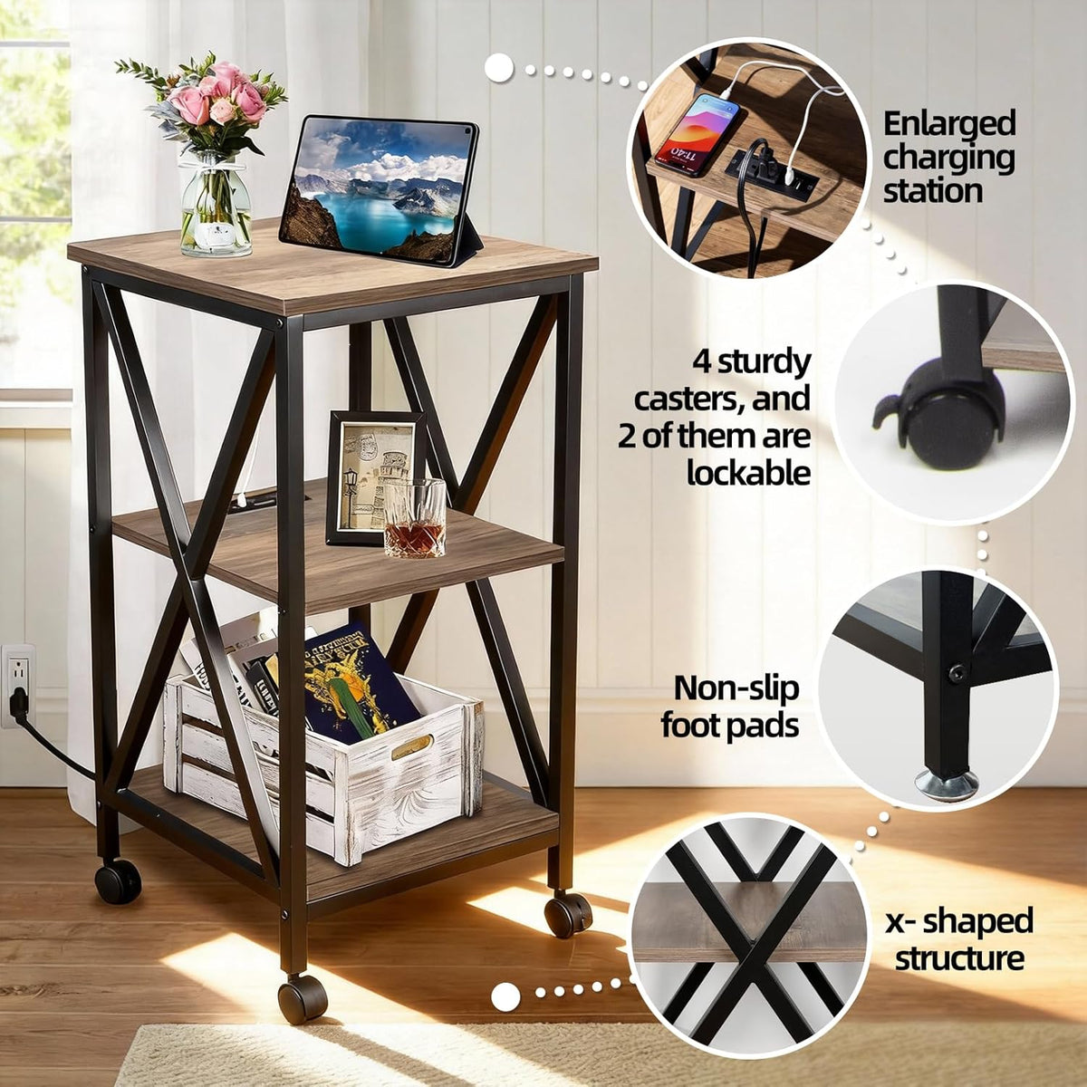 End Tables Living Room Set of 2, Square End Table with Charging Station, 16" D X 16" W X 28" H, Wood and Metal Table with USB Ports and Outlets, Side Table with Wheels for Living Room, Bedroom, Grey