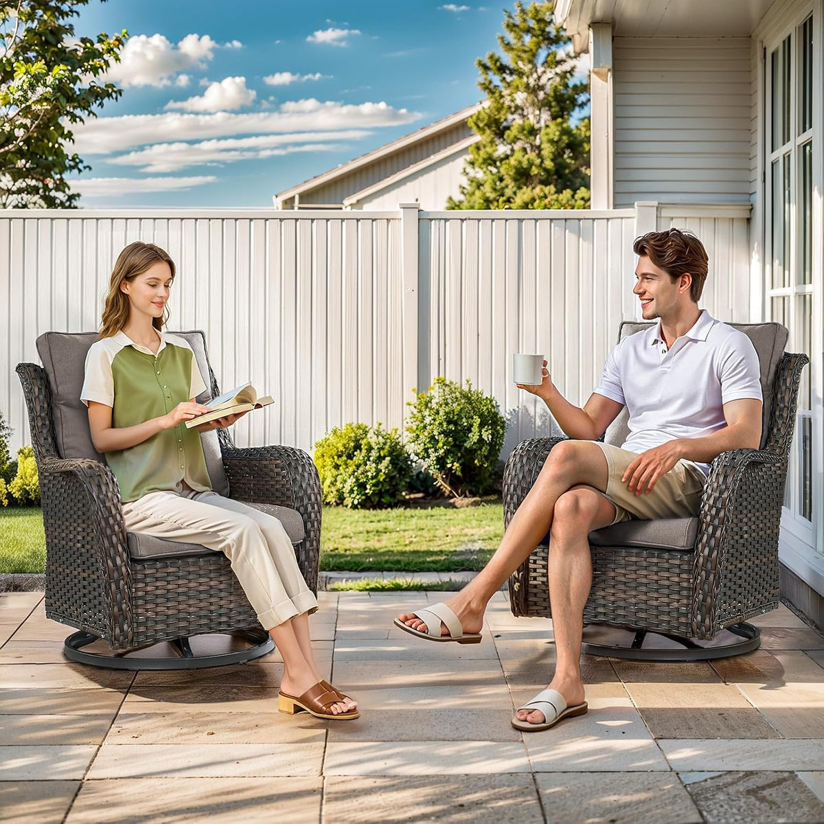 Outdoor Swivel Rocker Patio Chairs with 2 Ottomans - 5" Thick Cushion 4 Piece Furniture Set All Weather Comfortable Wicker Conversation Set for Porch Poolside and Deck - Brown/Gray