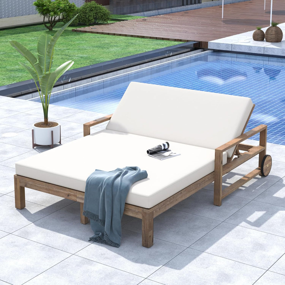 Merax Acacia Wood Outdoor Daybed Sofa, Farmhouse Patio Sun Lounger with Adjustable Backrest, High-Density Cushions & Removable Wheels, Weather Resistant for Garden, Poolside, Backyard, Beige