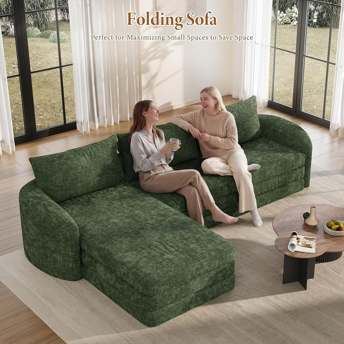 Vesgantti 110.2" Modular Sectional Sofa with Curved Armrest, 6 in 1 Convertible Folding Sleeper Sofa Bed, Chenille Couch for Living Room, No Assembly Required, Green, Left Facing Chaise