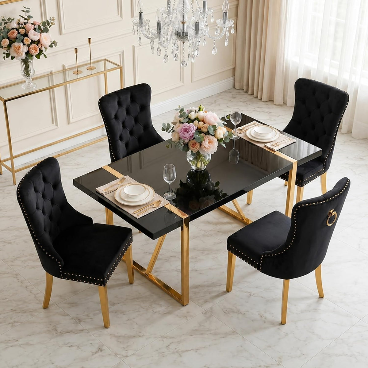Black Dining Table Set for 4, 55" Black Glossy Top with Gold Metal Legs, Modern Dining Table Set for 4 & Velvet Tufted Chair with Gold Nailhead Trim, Luxry Kitchen Table Set Ideal for Dining Room,APT