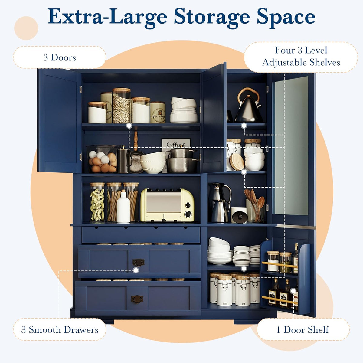 78" Tall Kitchen Pantry Cabinet with Hutch, Large Freestanding Buffet with Drawers, Cabinet Door Organizer and Adjustable Shelves, Wood Tall Storage Cabinet for Kitchen, Dining Room, Blue
