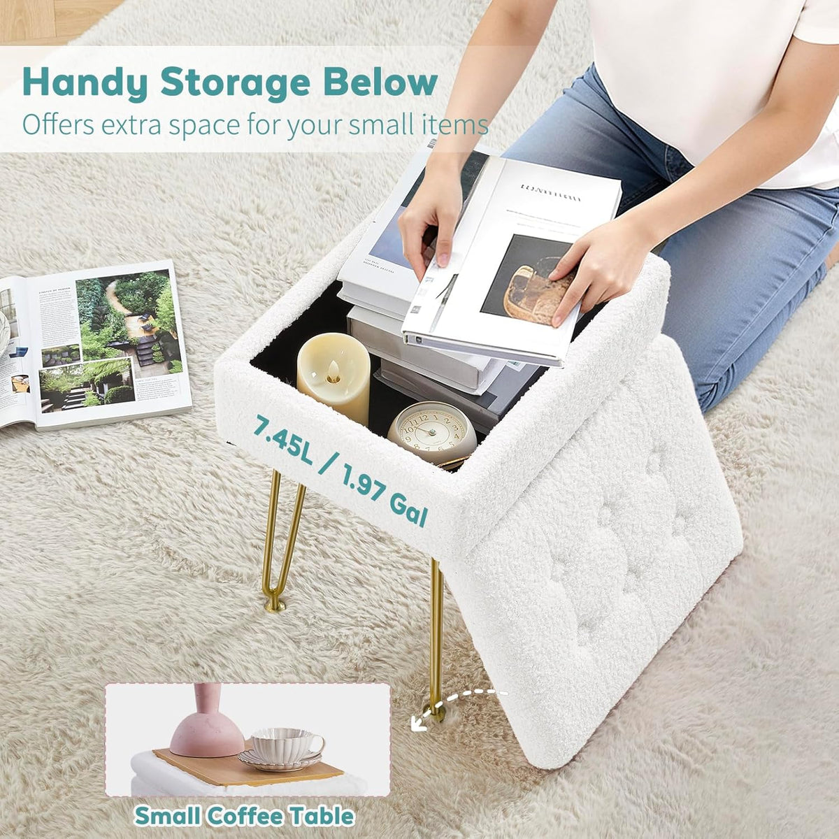 BRIAN & DANY Vanity Stool, Sherpa Vanity Stool Chair with Storage, Rectangle Makeup Chair Soft Padded Seat with Legs for Bedroom (White)