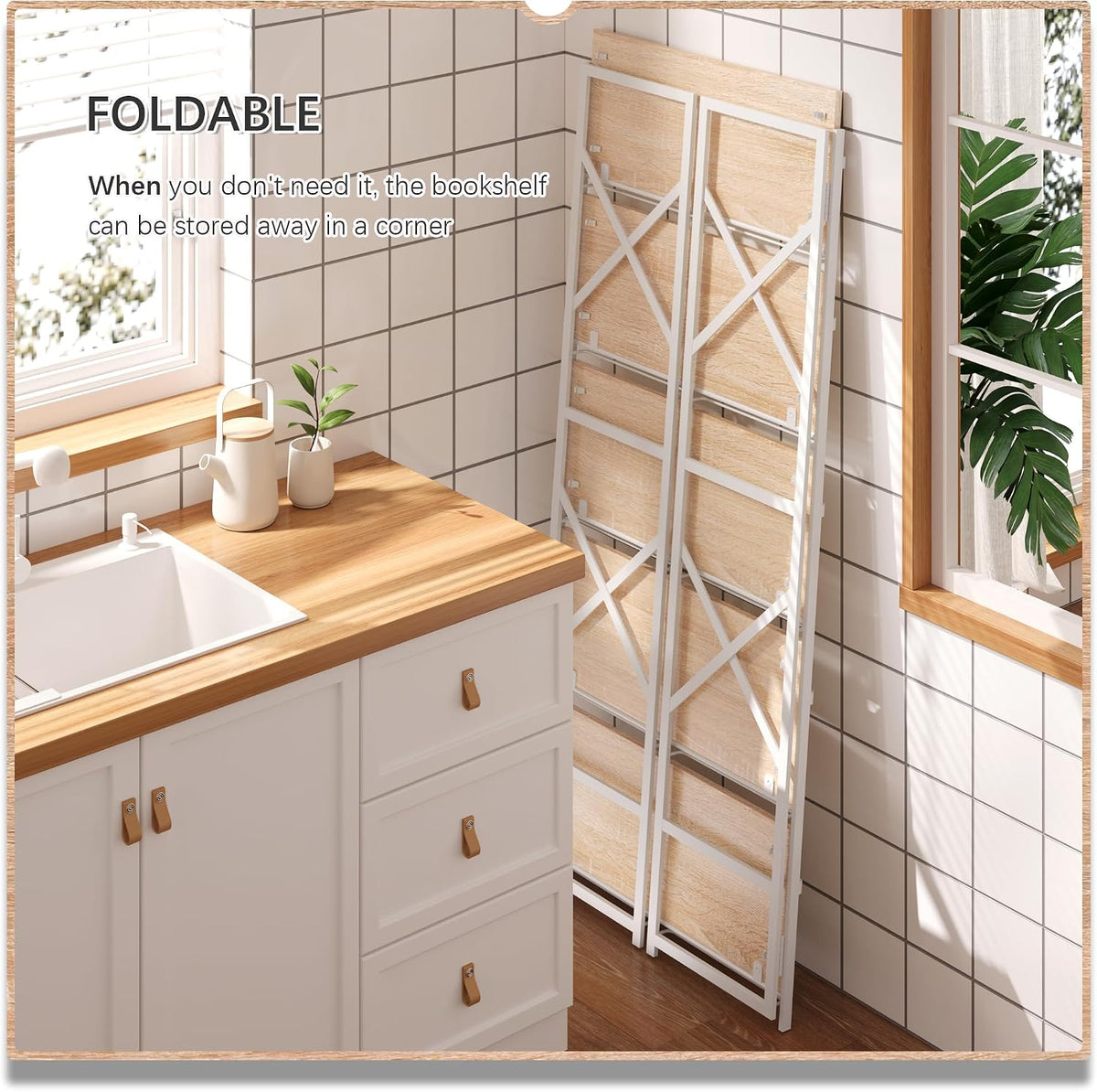4NM 5 Tiers No Assembly Book Shelves, 51.2" H Folding Bookshelf Bookcase Open Industrial Foldable Shelves for Bedroom, Living Room, Home Office - Natural White