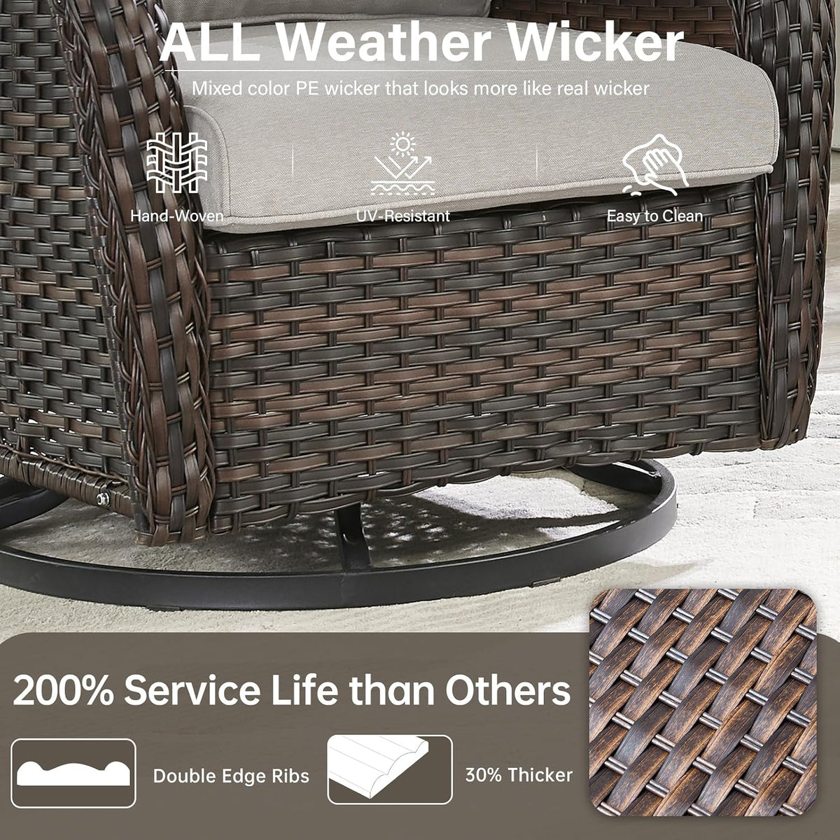 Outdoor Swivel Rocker Patio Chairs with 2 Ottomans - 5" Thick Cushion 4 Piece Furniture Set All Weather Comfortable Wicker Conversation Set for Porch Poolside and Deck - Brown/Beige