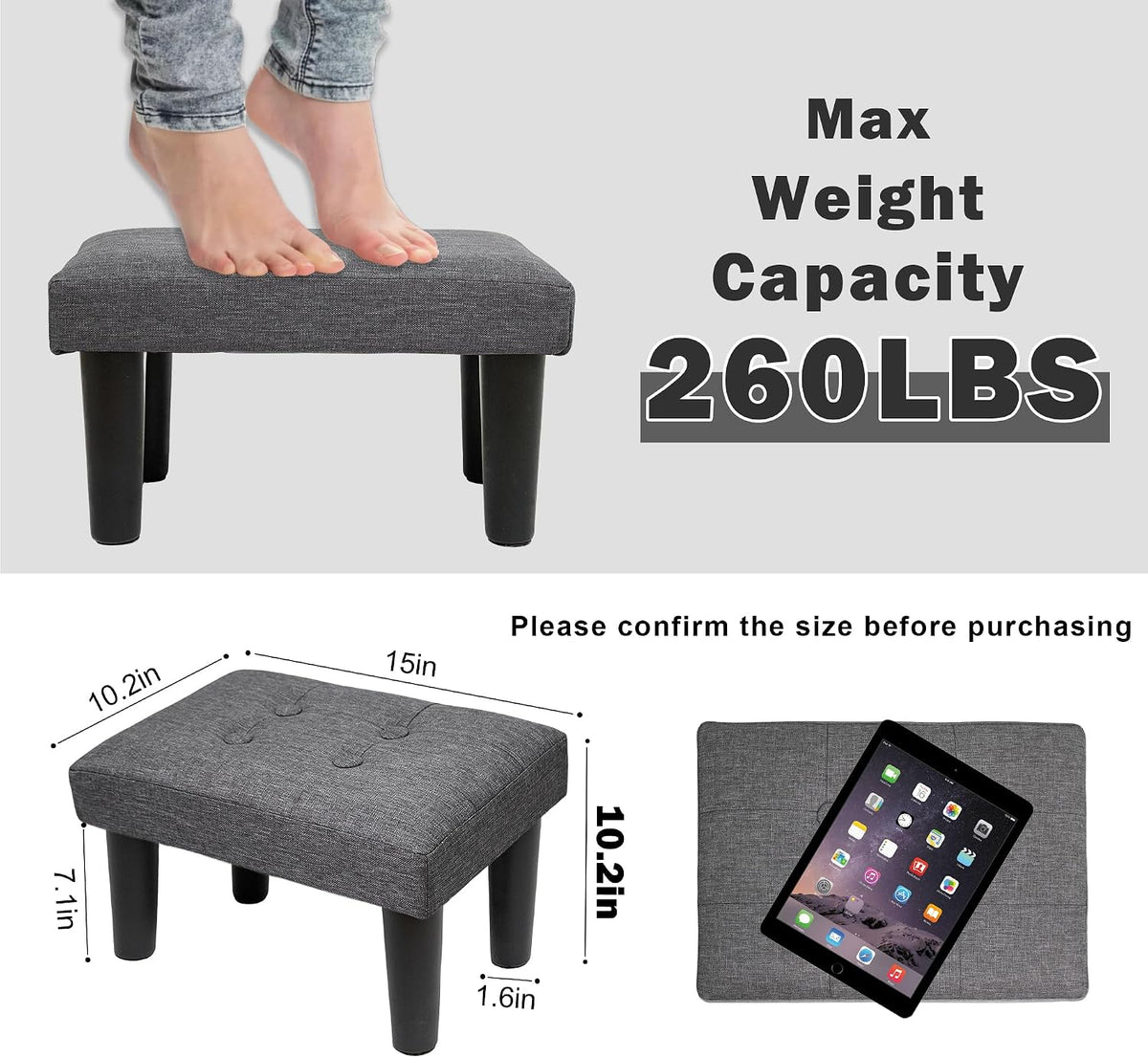CAROLMADE Ottoman Foot Rest, Linen Small Ottoman Foot Stool with Legs Modern Footstool Ottomans for Living Room Entryway Office, Grey