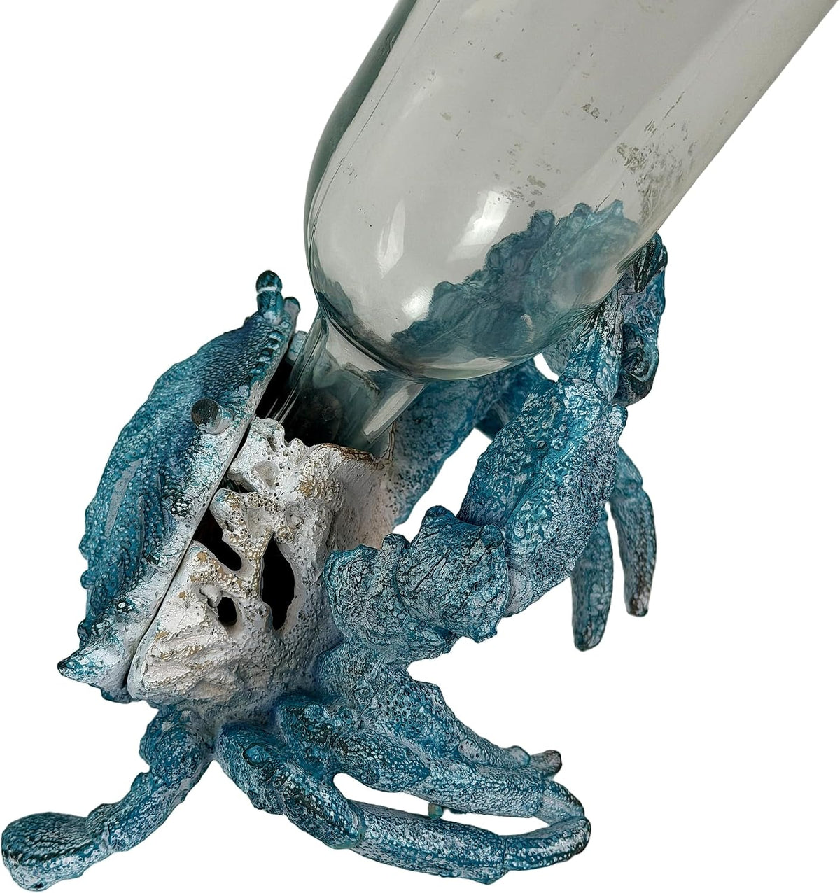 Crab Wine Bottle Holder, 8 Inch Turquoise Resin with Coral-Look Center | Raised Claws, Shell Ridges, Textured Legs, Distressed Whitewashed Finish, Open Center for Angled Display
