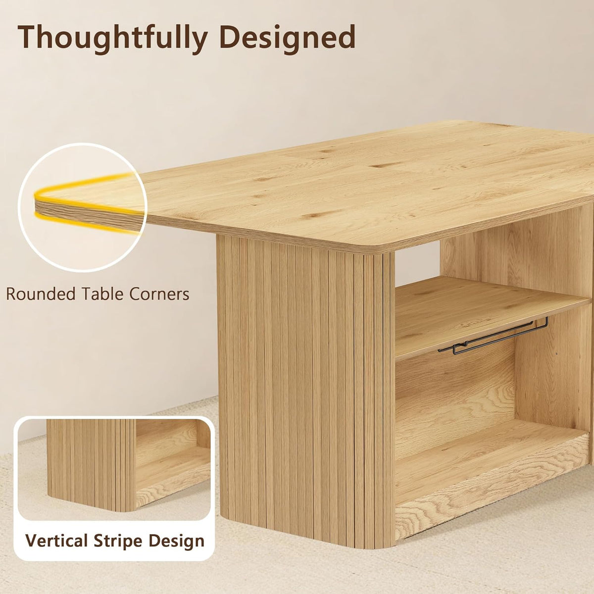 FUQARHY 63" Dining Table with Storage, Fluted Farmhouse Kitchen Table for 6 with 2-Tier Storage Shelf, Rectangular Wood Table