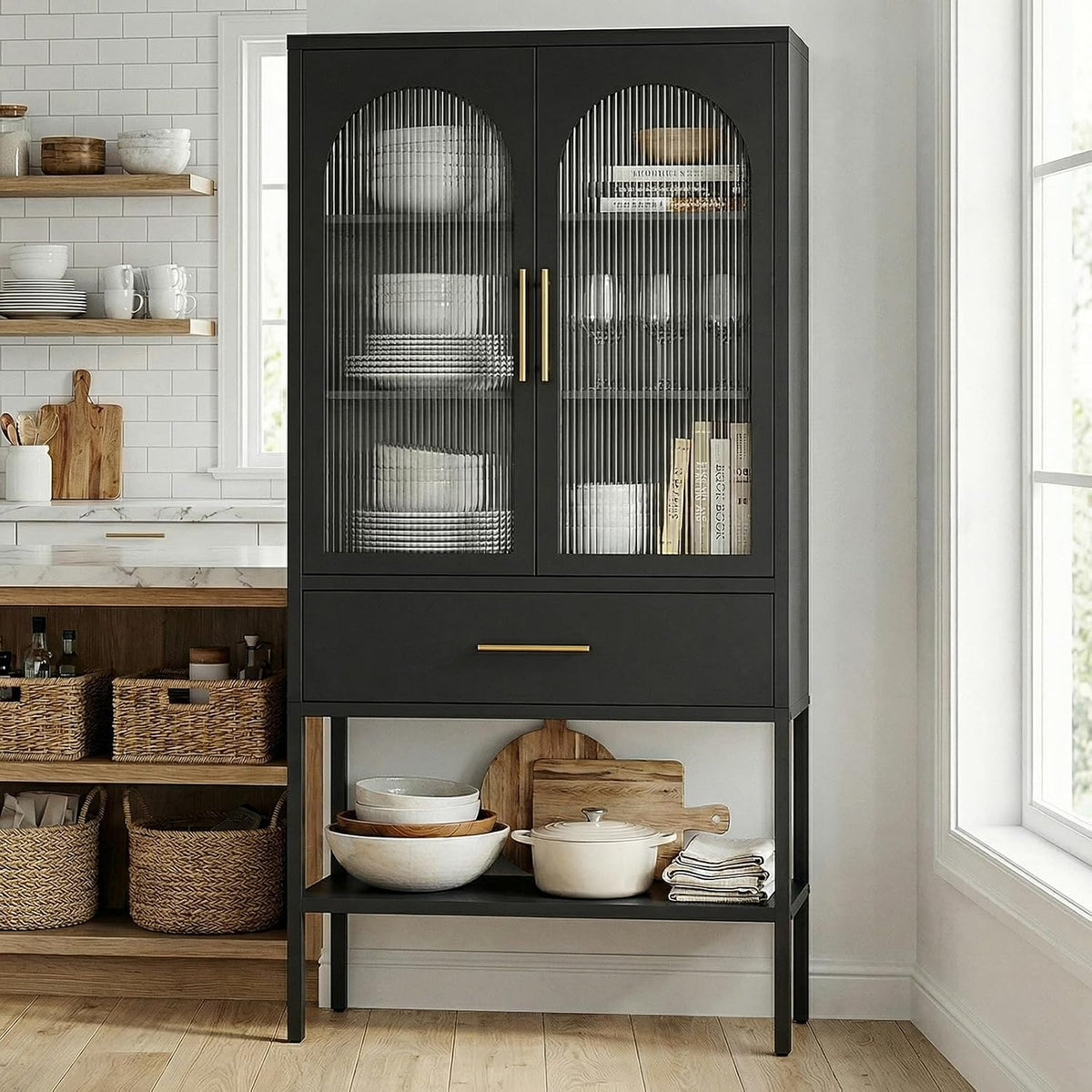 63" Tall Metal Storage Cabinet with Glass Doors, Kitchen Pantry Cabinet with Drawers & Adjustable Shelves, Freestanding Metal Cabinet for Kitchen, Dining Room and Home Organization Black